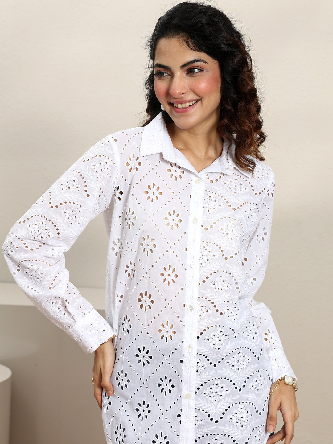 White Schiffli Design Panelled Shirt