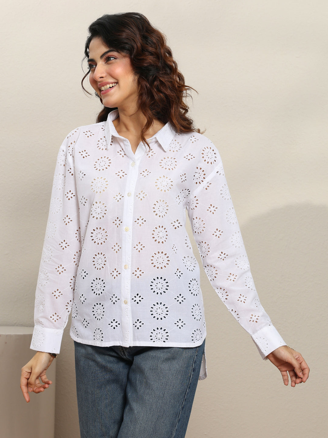 White Self Design Cotton Shirt