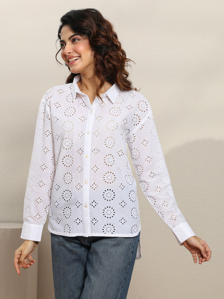 White Self Design Cotton Shirt
