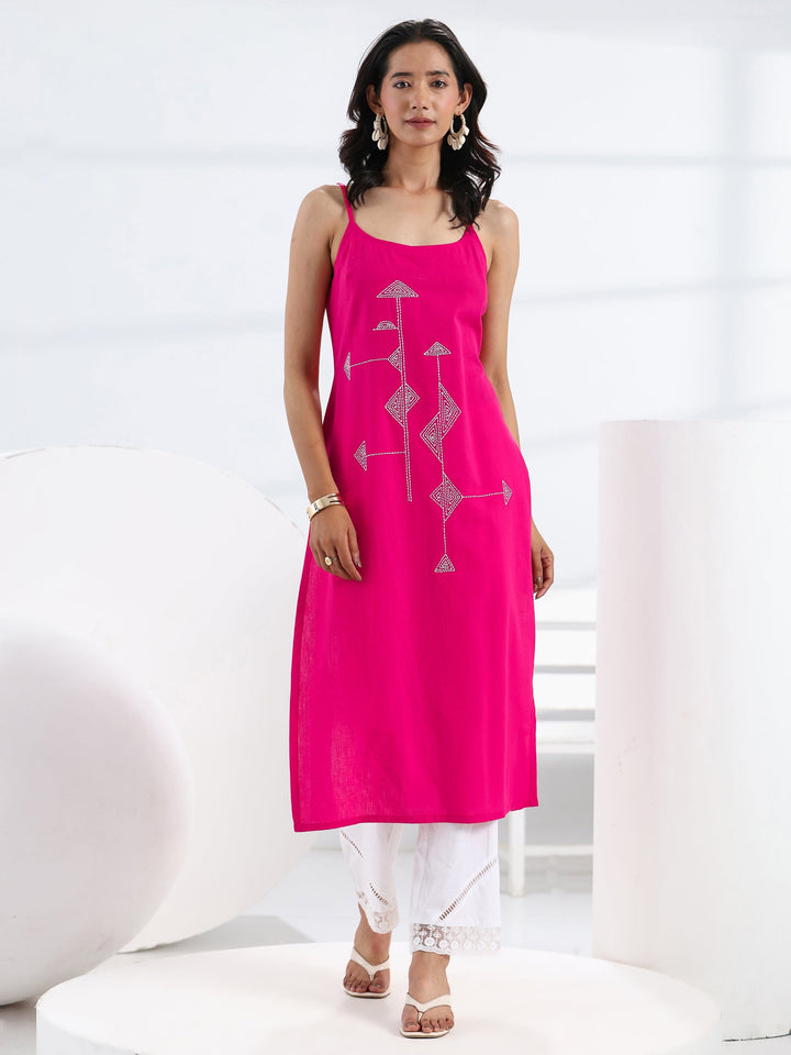 Pink Quirky Design Embroidered Cotton Straight Kurta