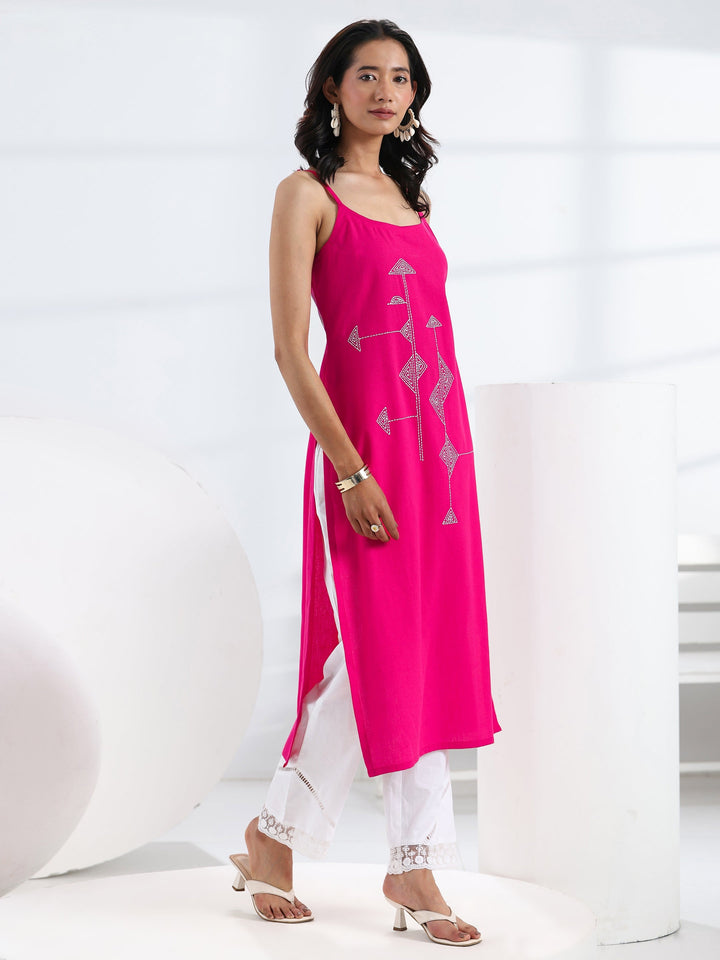 Pink Quirky Design Embroidered Cotton Straight Kurta