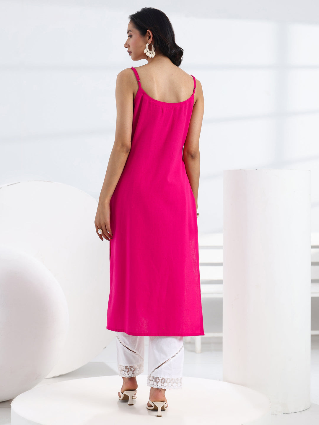 Pink Quirky Design Embroidered Cotton Straight Kurta