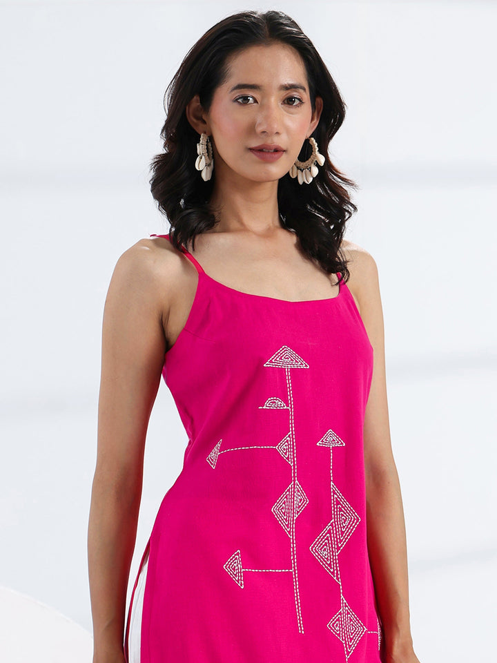 Pink Quirky Design Embroidered Cotton Straight Kurta