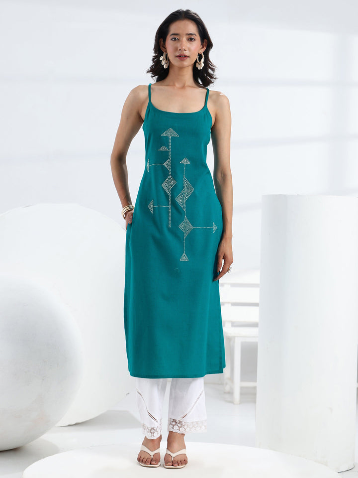 Blue Quirky Design Embroidered Cotton Straight Kurta