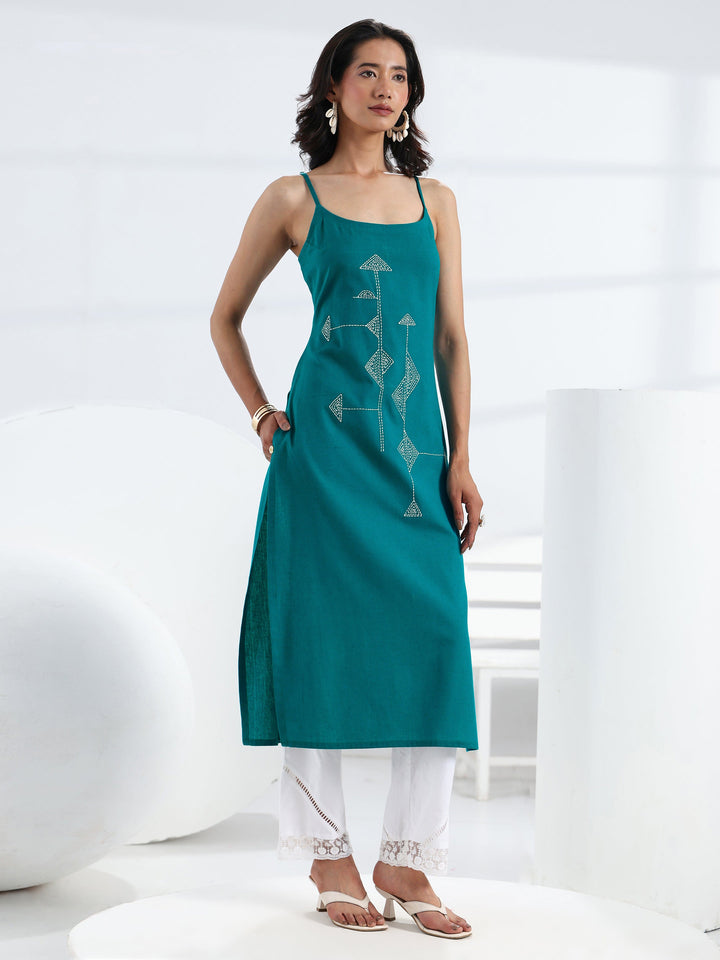 Blue Quirky Design Embroidered Cotton Straight Kurta