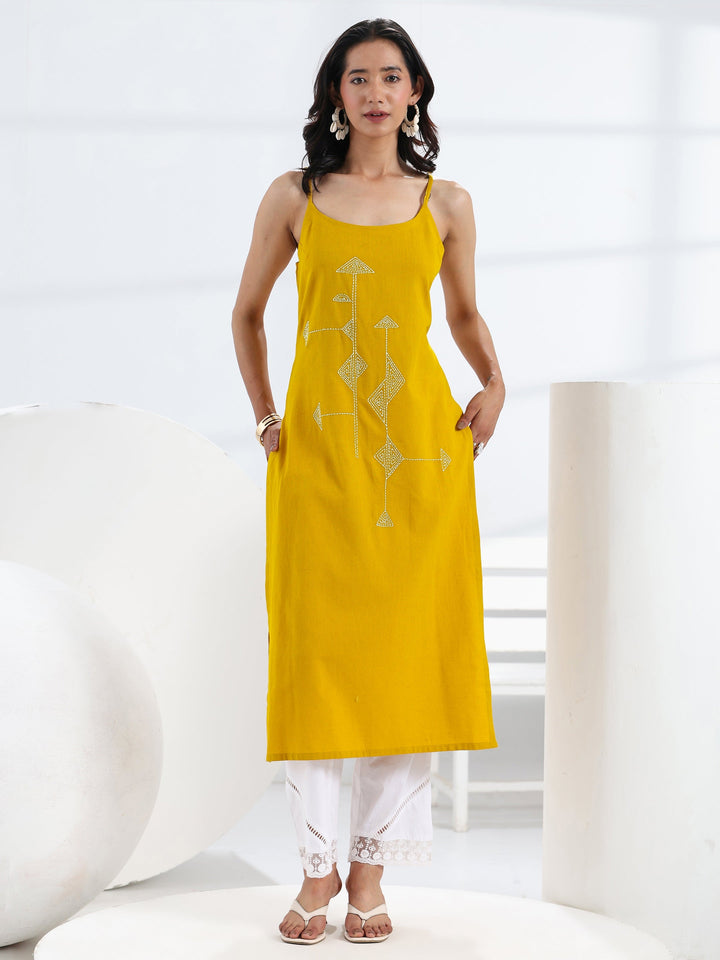 Mustard Quirky Design Embroidered Cotton Straight Kurta