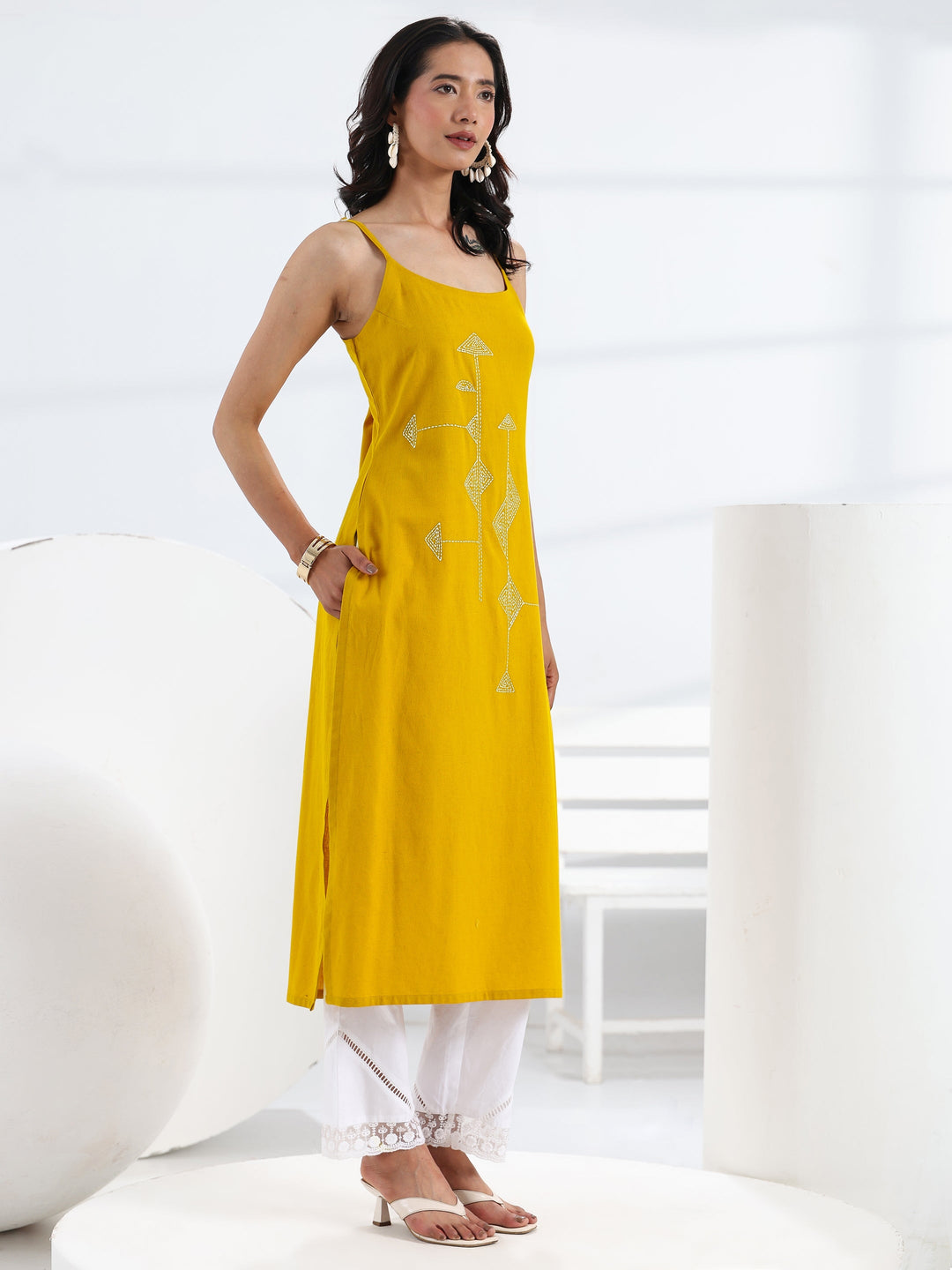 Mustard Quirky Design Embroidered Cotton Straight Kurta
