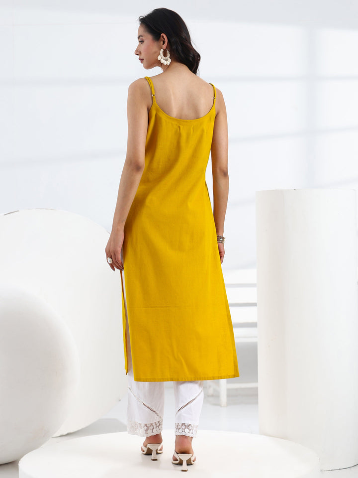 Mustard Quirky Design Embroidered Cotton Straight Kurta