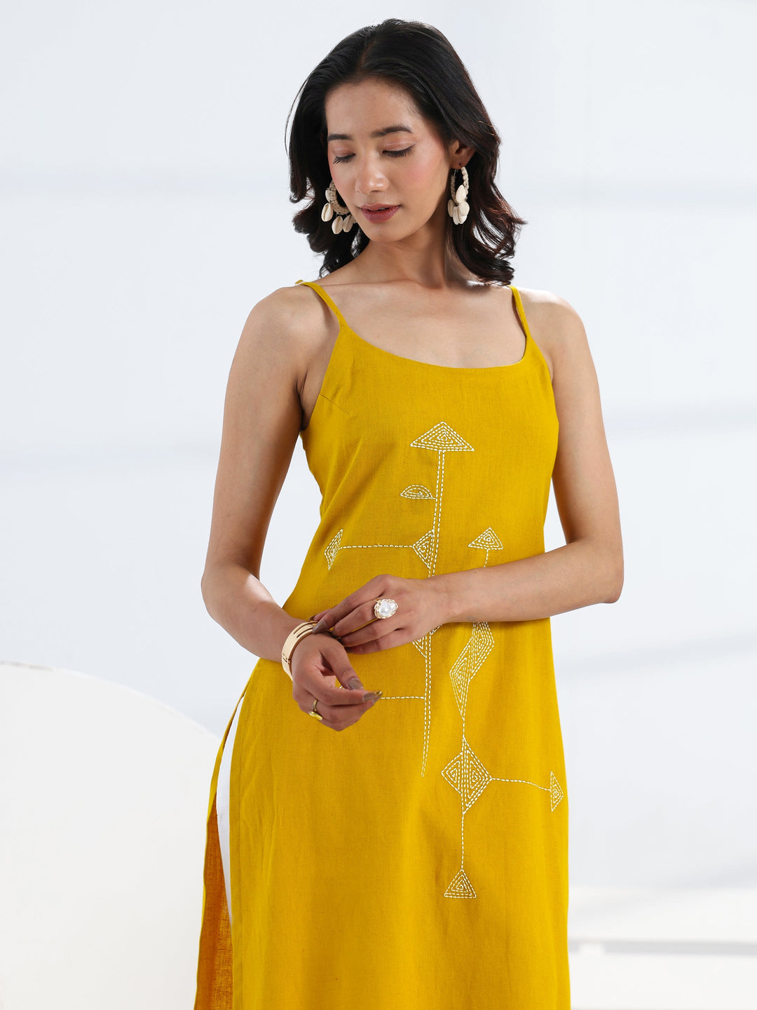 Mustard Quirky Design Embroidered Cotton Straight Kurta