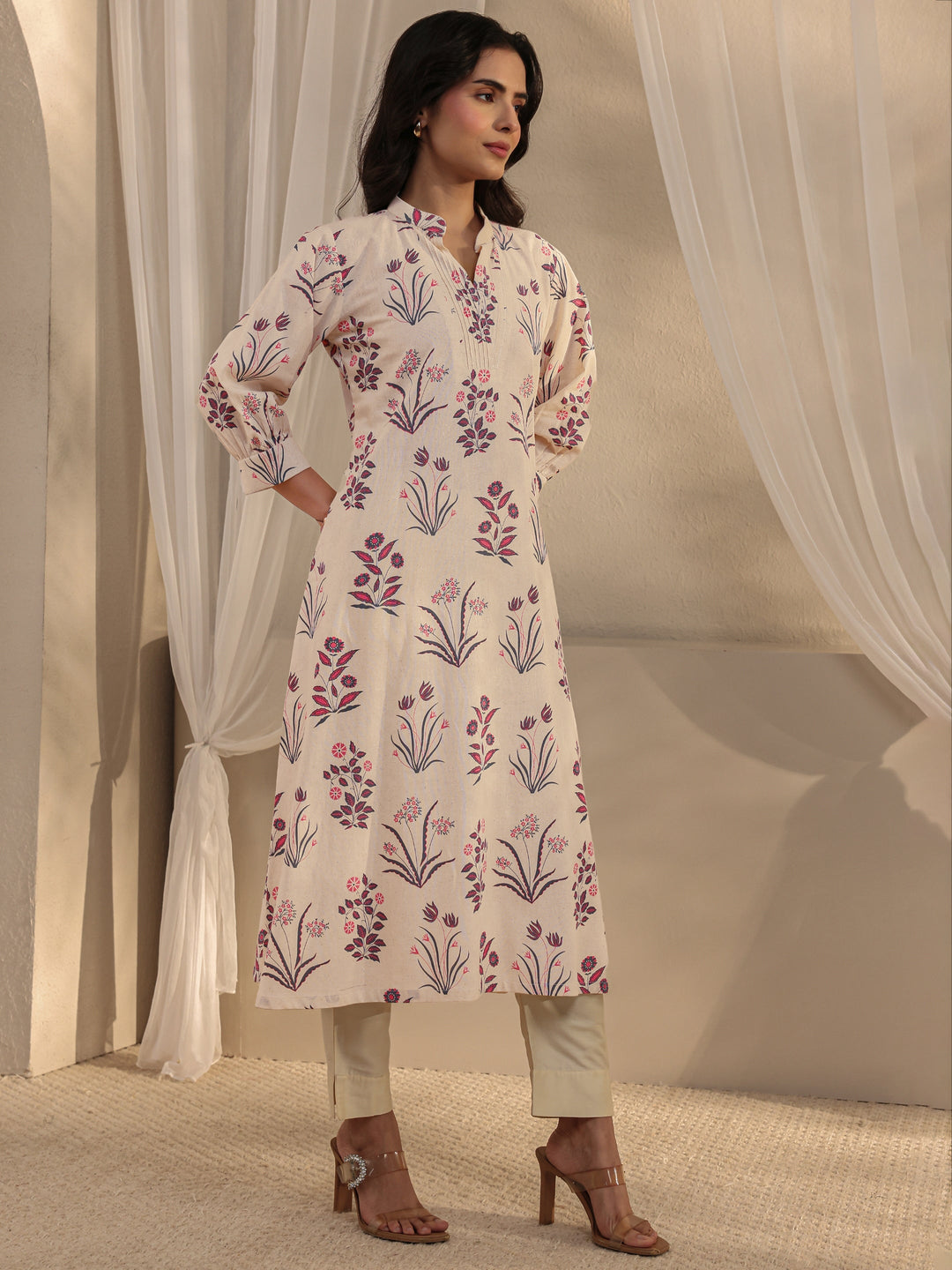 Off White Floral Printed Cotton A-Line Kurta