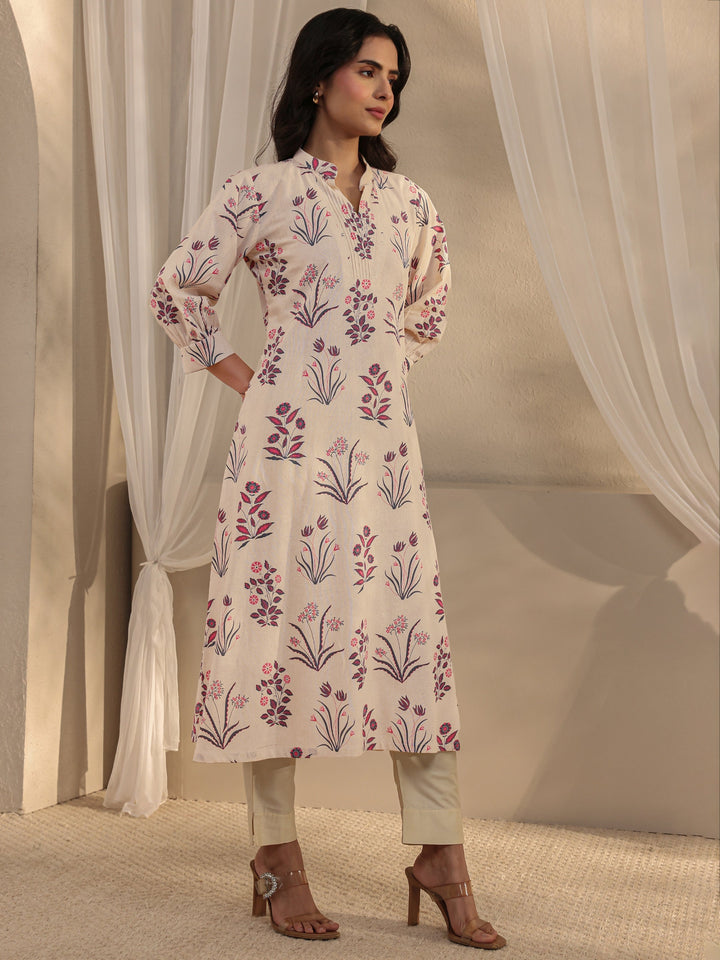 Off White Floral Printed Cotton A-Line Kurta