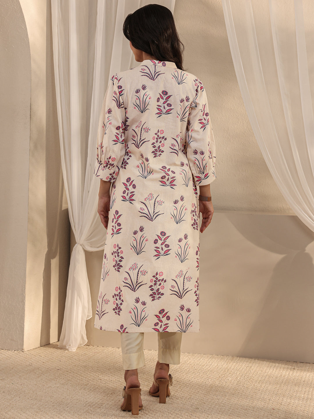 Off White Floral Printed Cotton A-Line Kurta