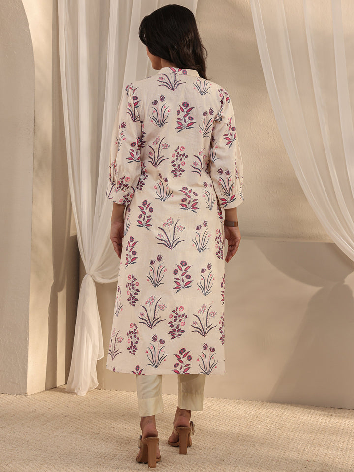 Off White Floral Printed Cotton A-Line Kurta