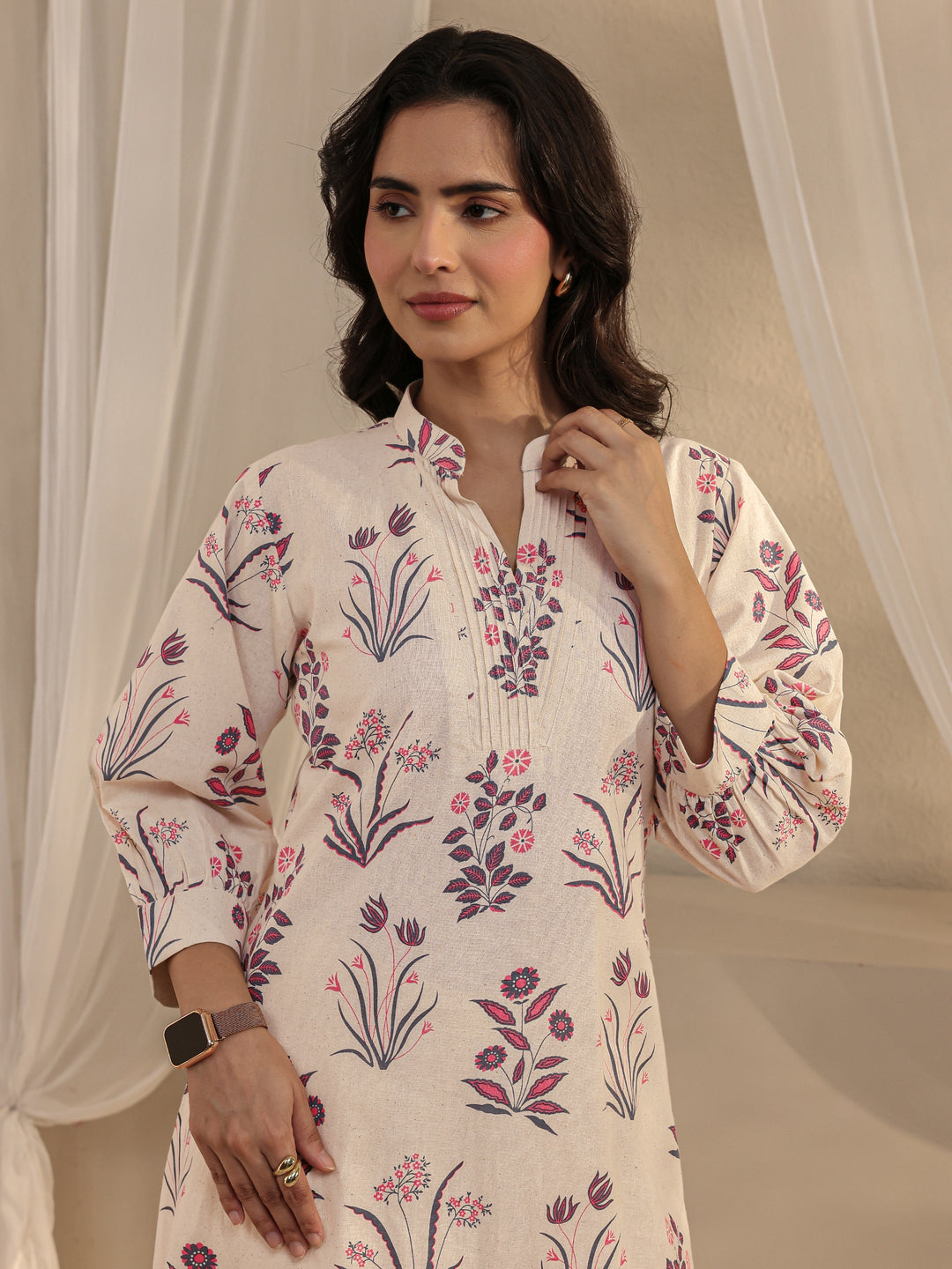 Off White Floral Printed Cotton A-Line Kurta