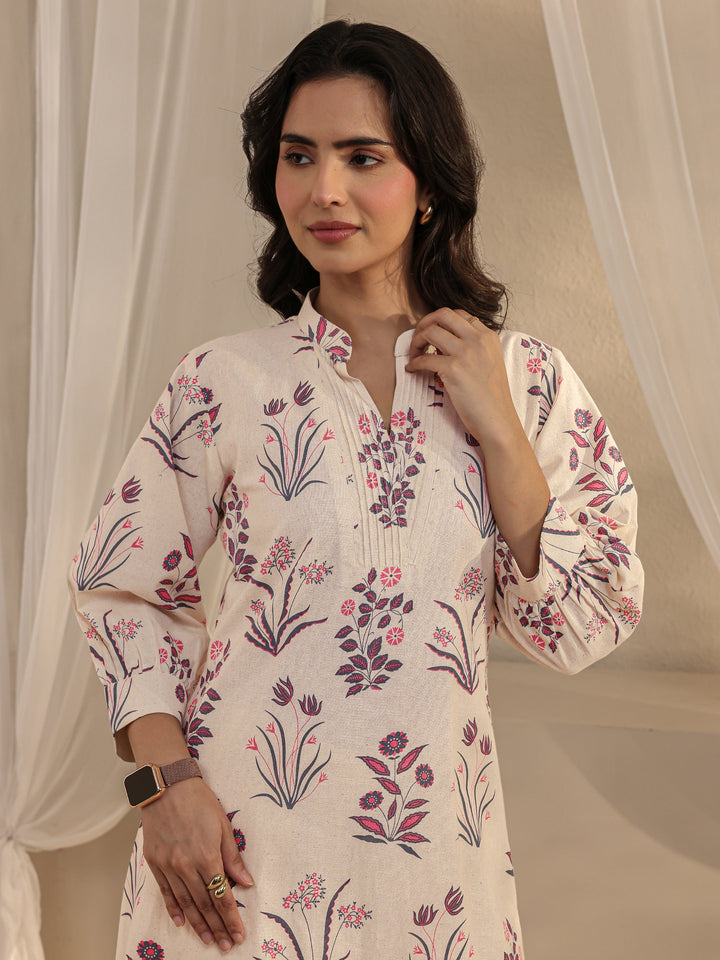 Off White Floral Printed Cotton A-Line Kurta