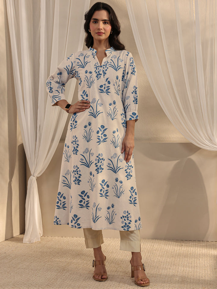 Off White Floral Printed Cotton A-Line Kurta