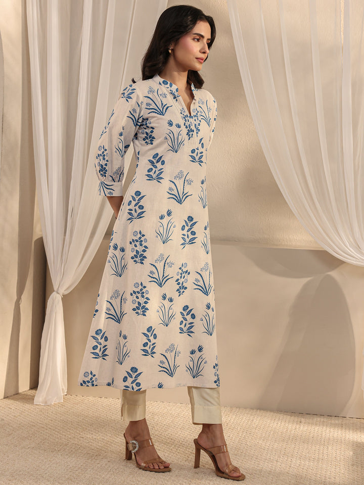 Off White Floral Printed Cotton A-Line Kurta