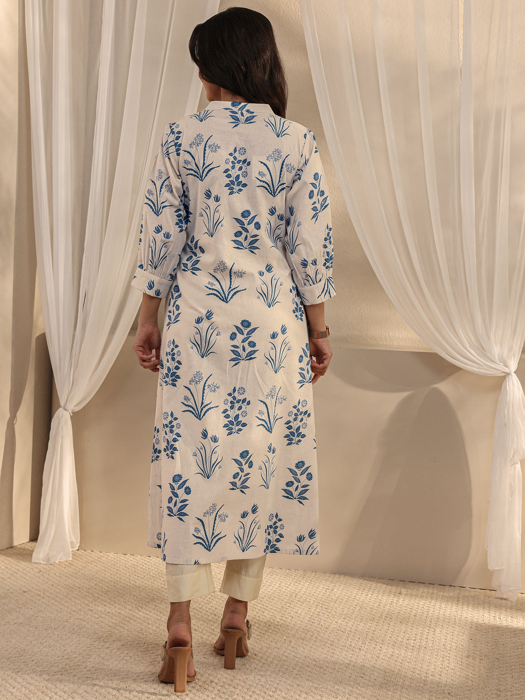 Off White Floral Printed Cotton A-Line Kurta