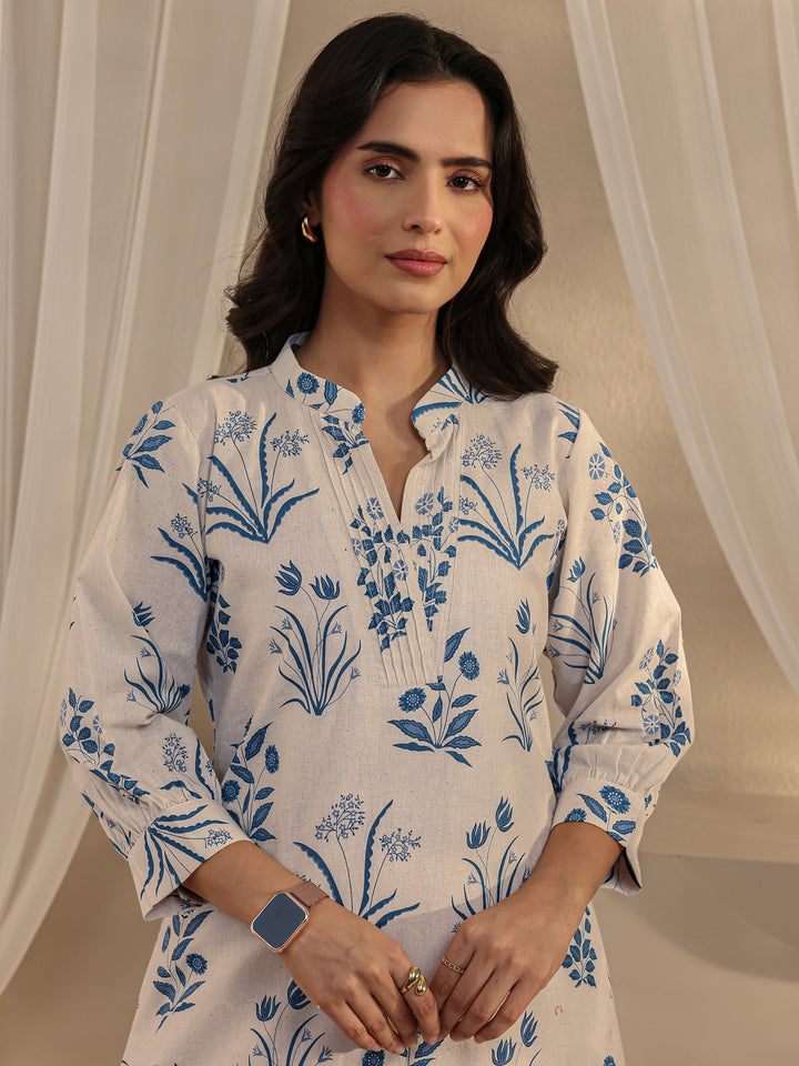 Off White Floral Printed Cotton A-Line Kurta