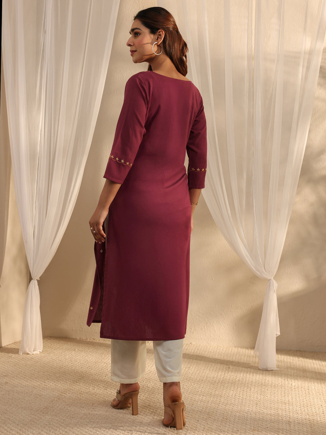 Maroon Ethnic Motif Embroidered Cotton Straight Kurta