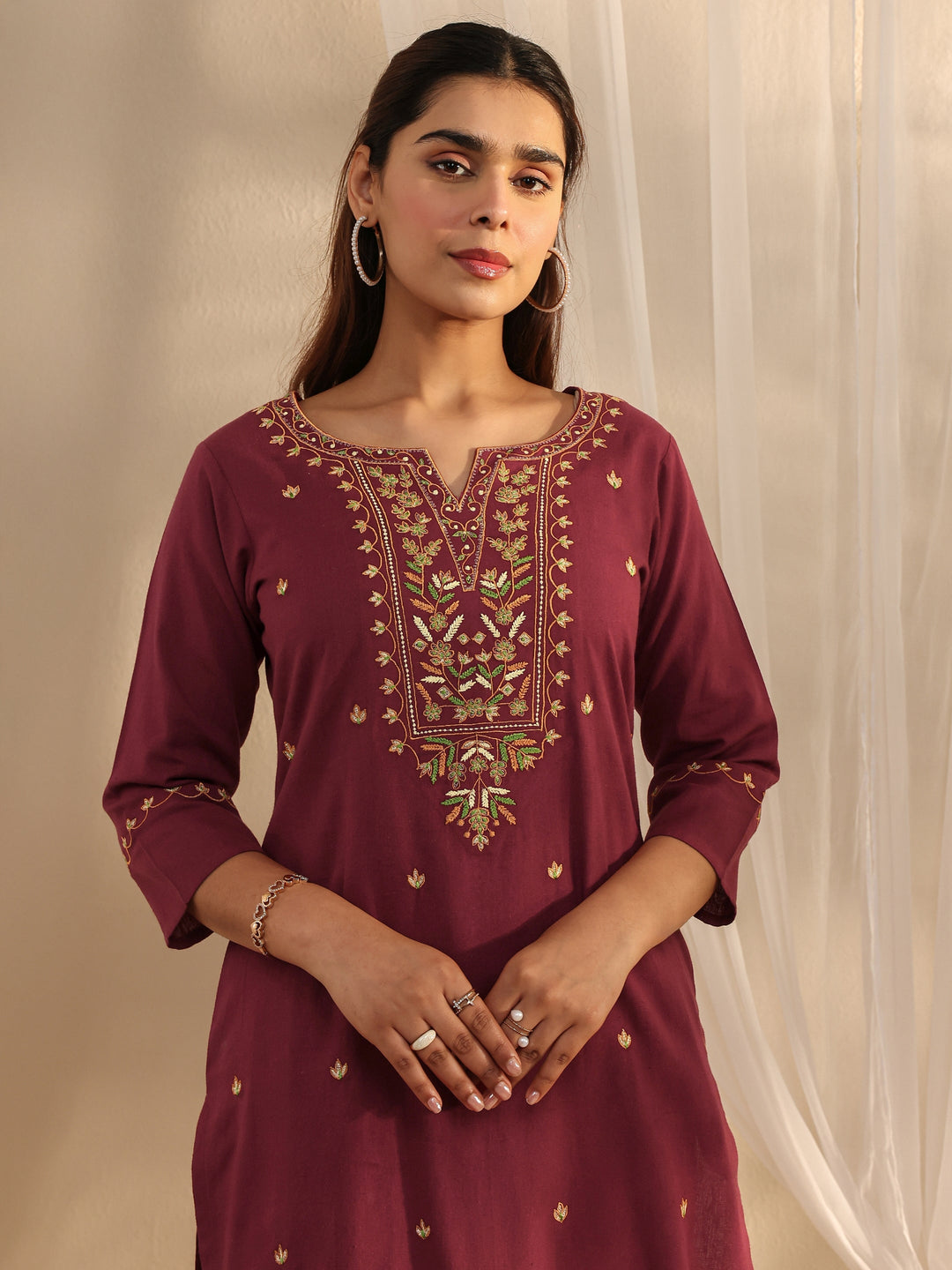 Maroon Ethnic Motif Embroidered Cotton Straight Kurta