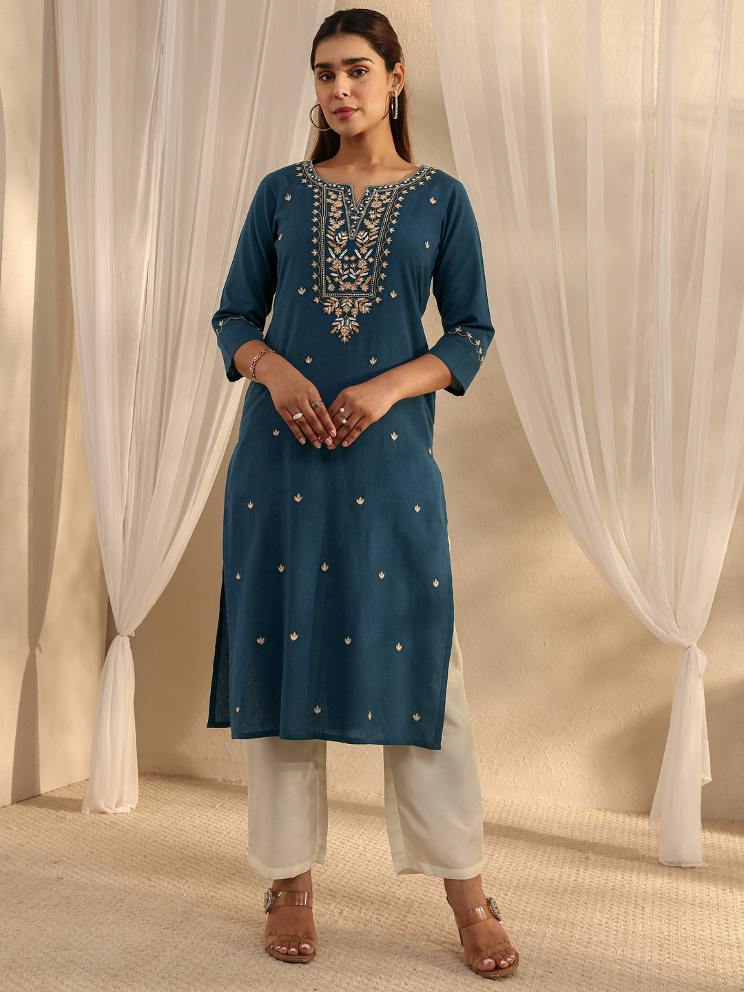 Teal Ethnic Motif Embroidered Cotton Straight Kurta