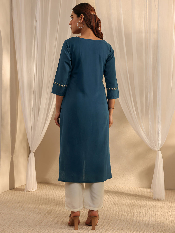 Teal Ethnic Motif Embroidered Cotton Straight Kurta