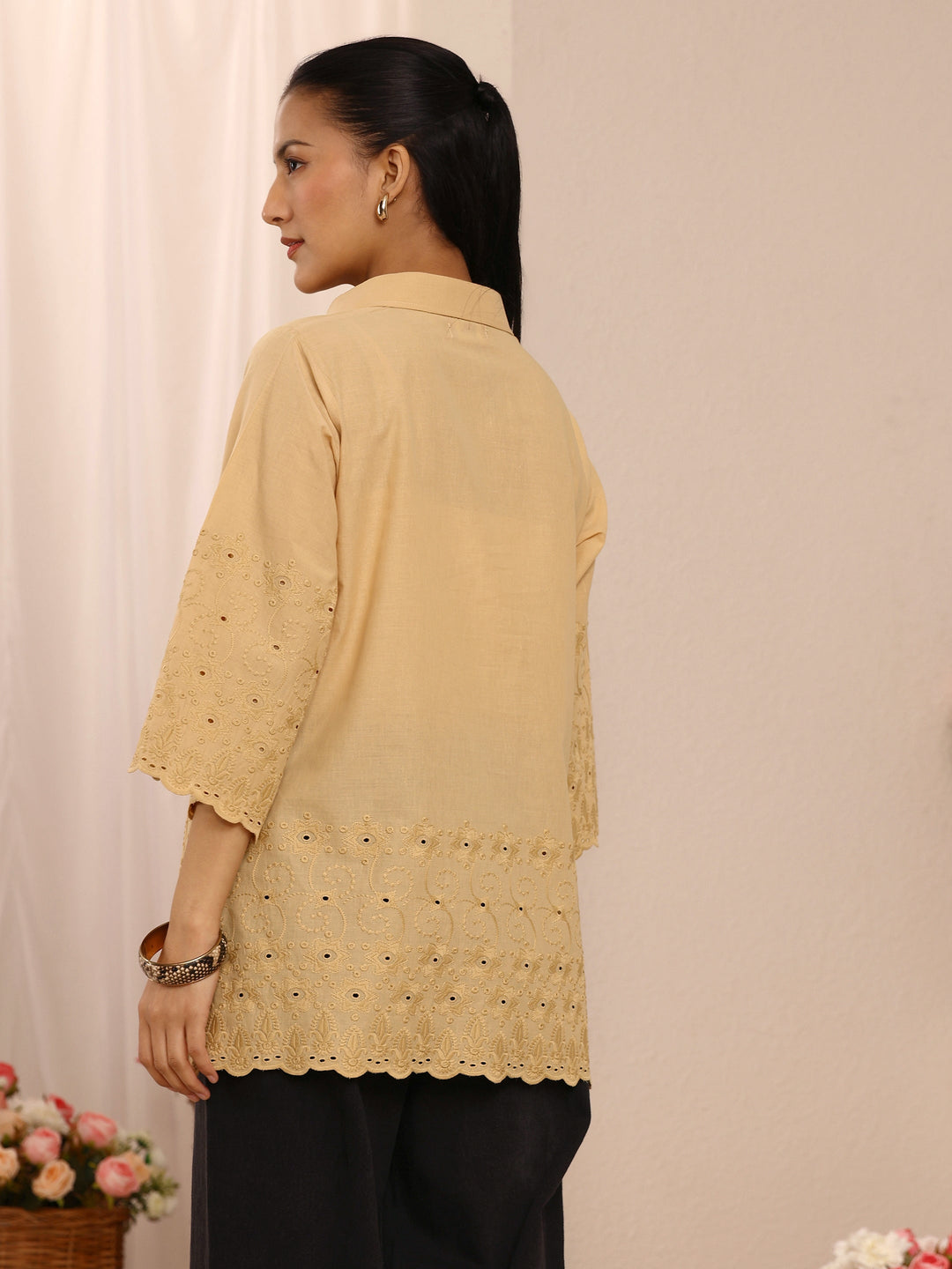 Beige Floral Embroidered Cotton Blend Straight Short Kurti
