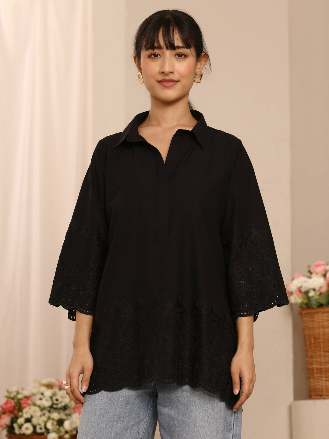 Black Floral Embroidered Cotton Blend Straight Short Kurti