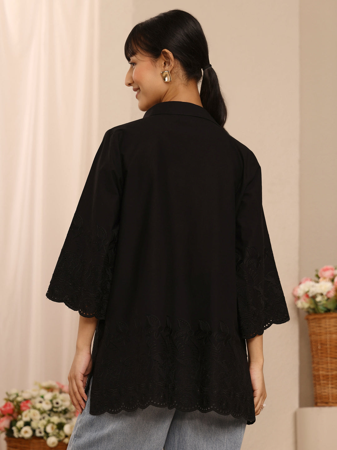 Black Floral Embroidered Cotton Blend Straight Short Kurti