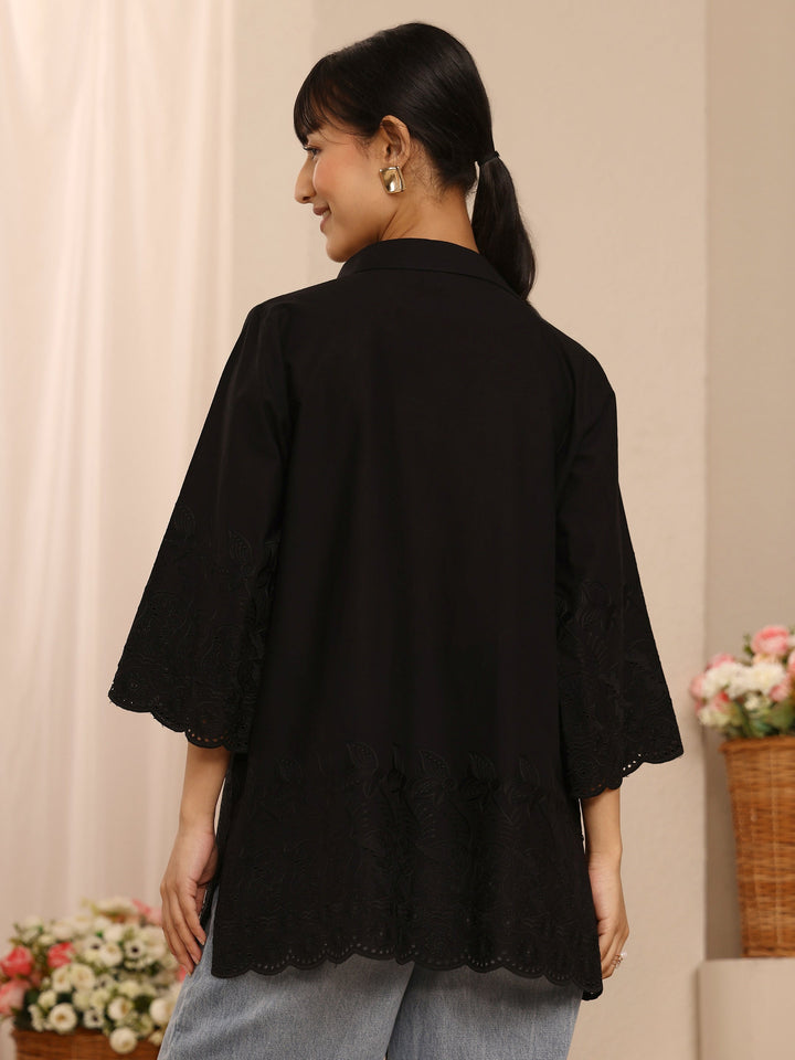 Black Floral Embroidered Cotton Blend Straight Short Kurti