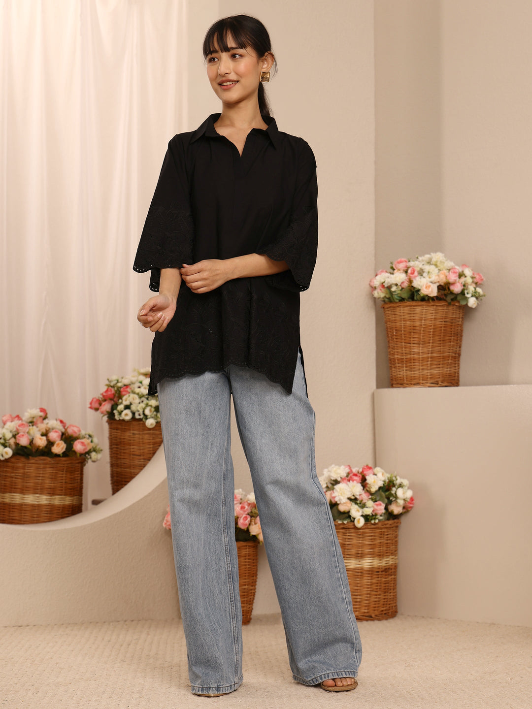 Black Floral Embroidered Cotton Blend Straight Short Kurti