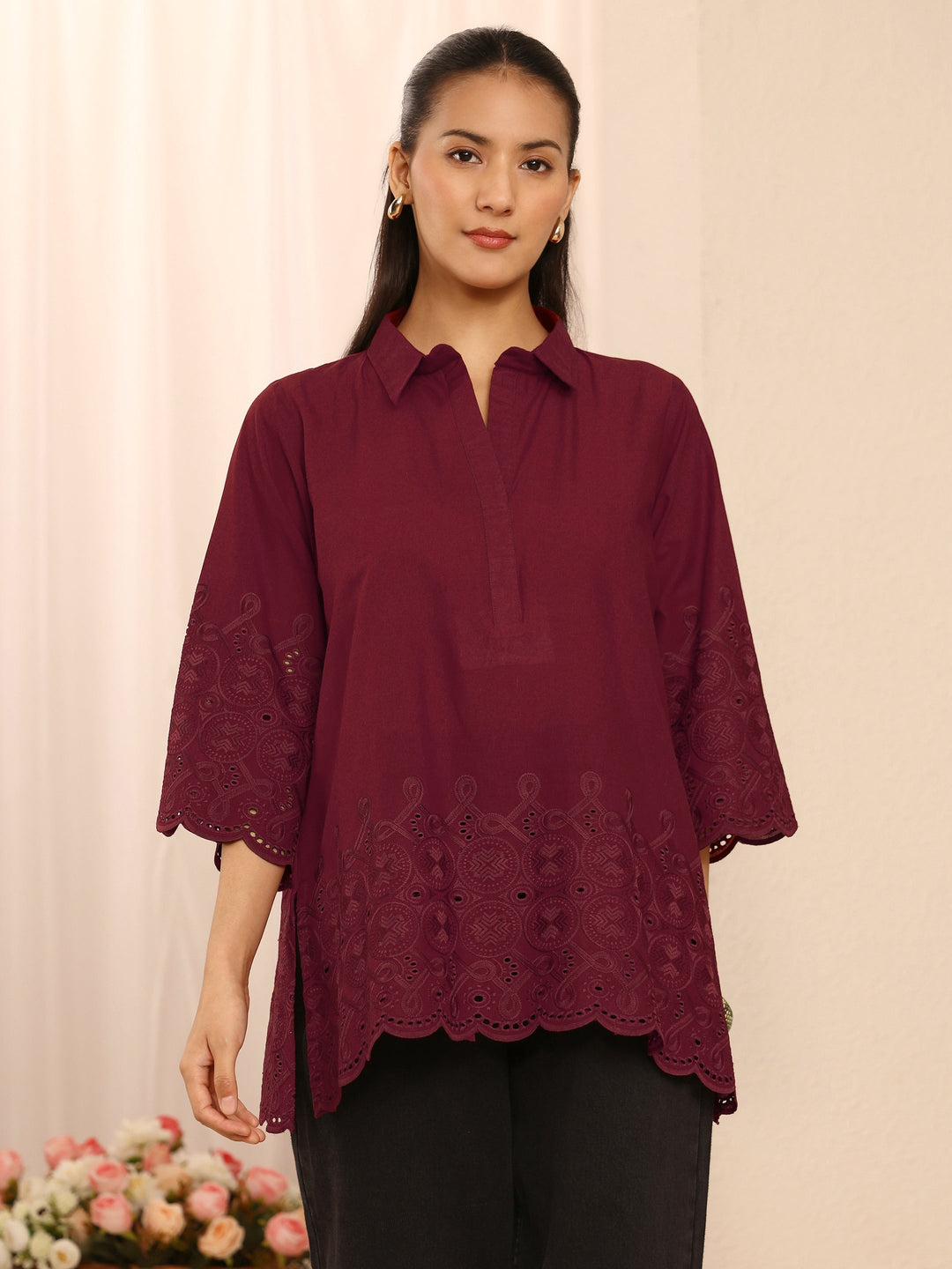 Maroon Floral Embroidered Cotton Blend Straight Short Kurti