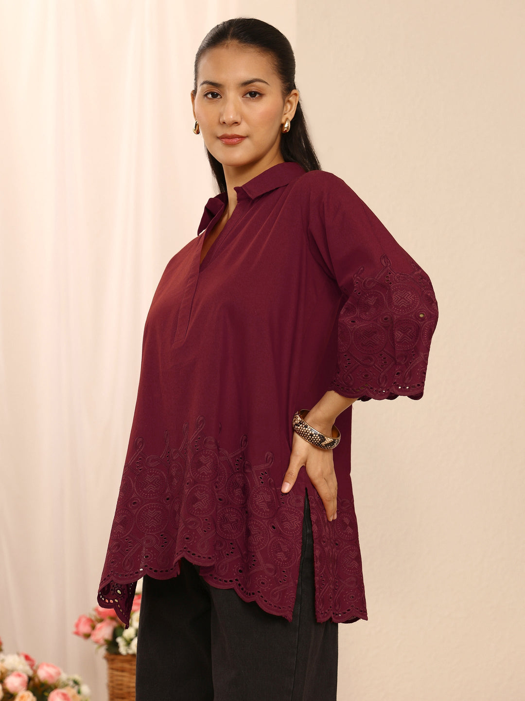 Maroon Floral Embroidered Cotton Blend Straight Short Kurti