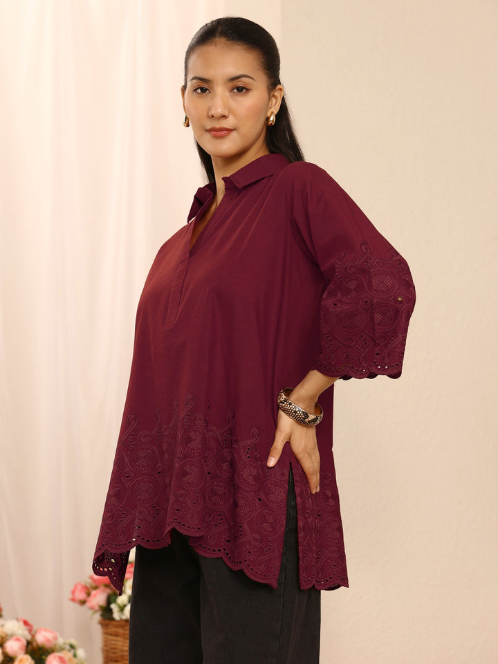 Maroon Floral Embroidered Cotton Blend Straight Short Kurti