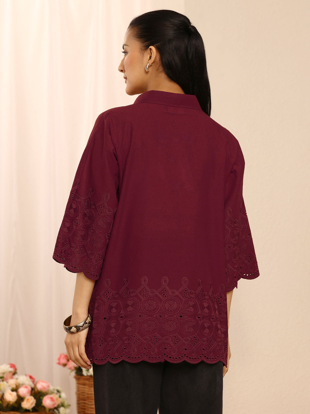 Maroon Floral Embroidered Cotton Blend Straight Short Kurti