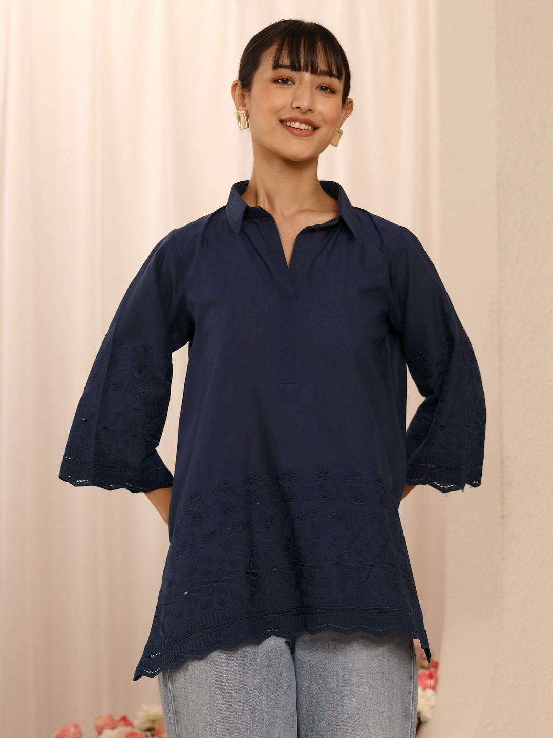 Navy Blue Floral Embroidered Cotton Blend Straight Short Kurti