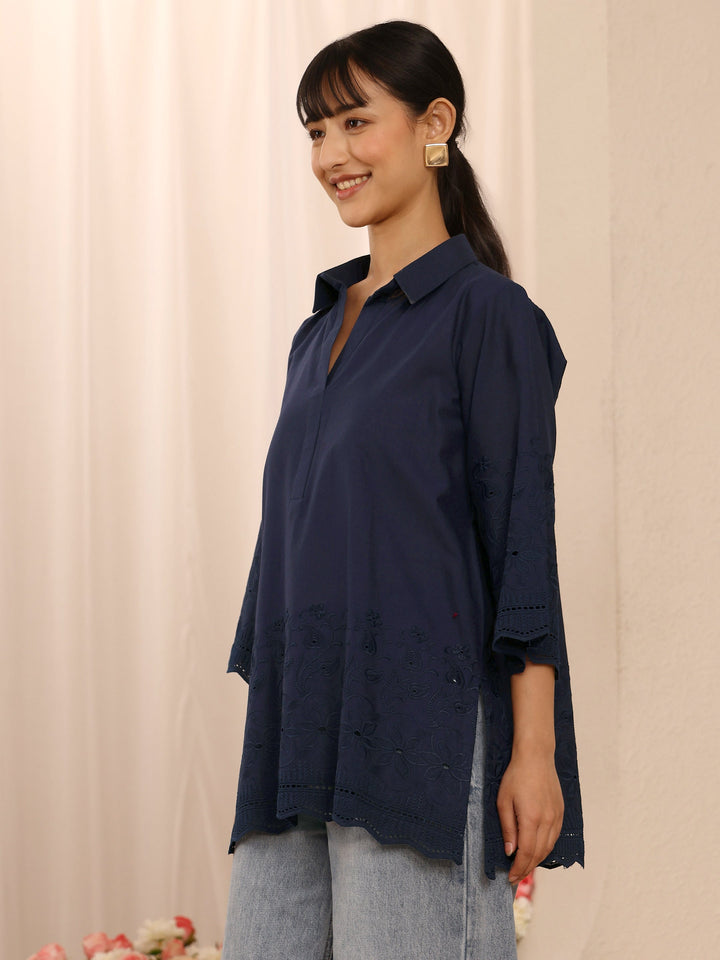 Navy Blue Floral Embroidered Cotton Blend Straight Short Kurti