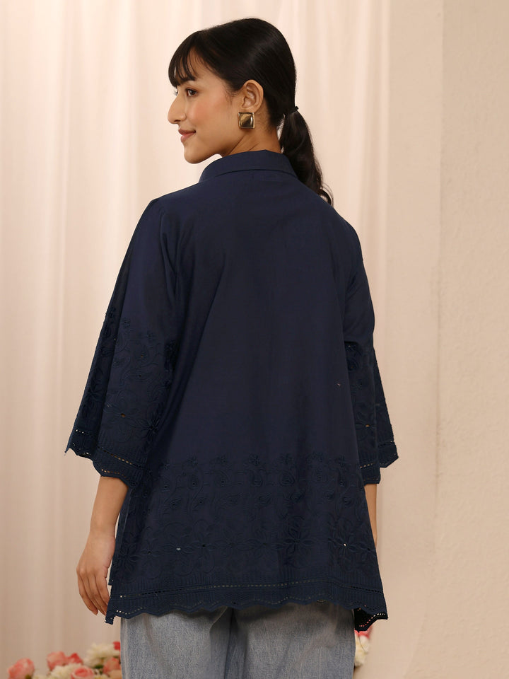 Navy Blue Floral Embroidered Cotton Blend Straight Short Kurti