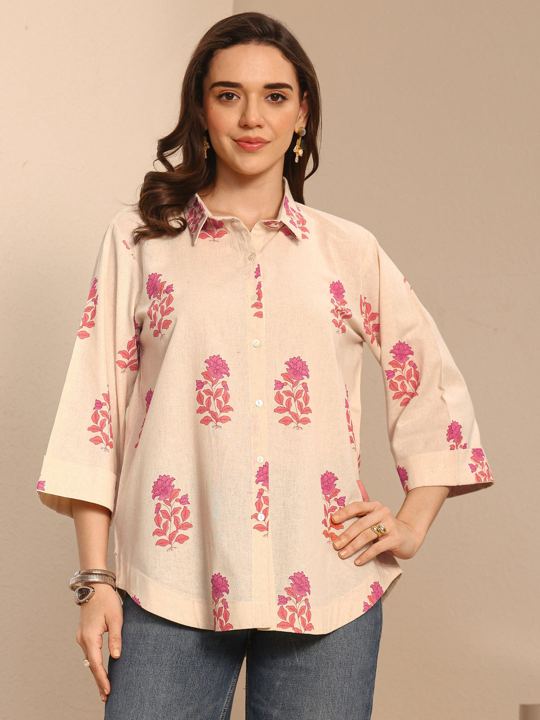 Off White Floral Printed Cotton Shirt
