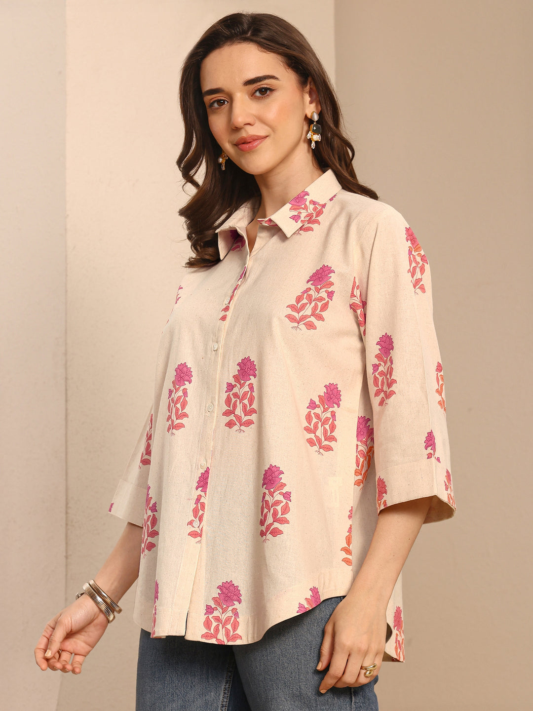 Off White Floral Printed Cotton Shirt