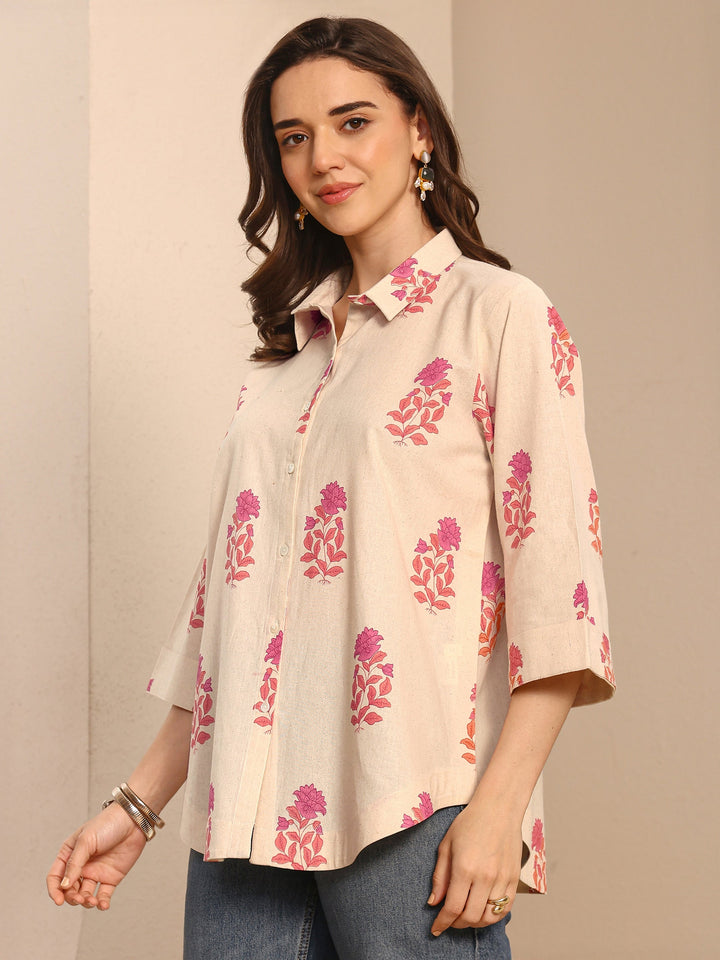 Off White Floral Printed Cotton Shirt