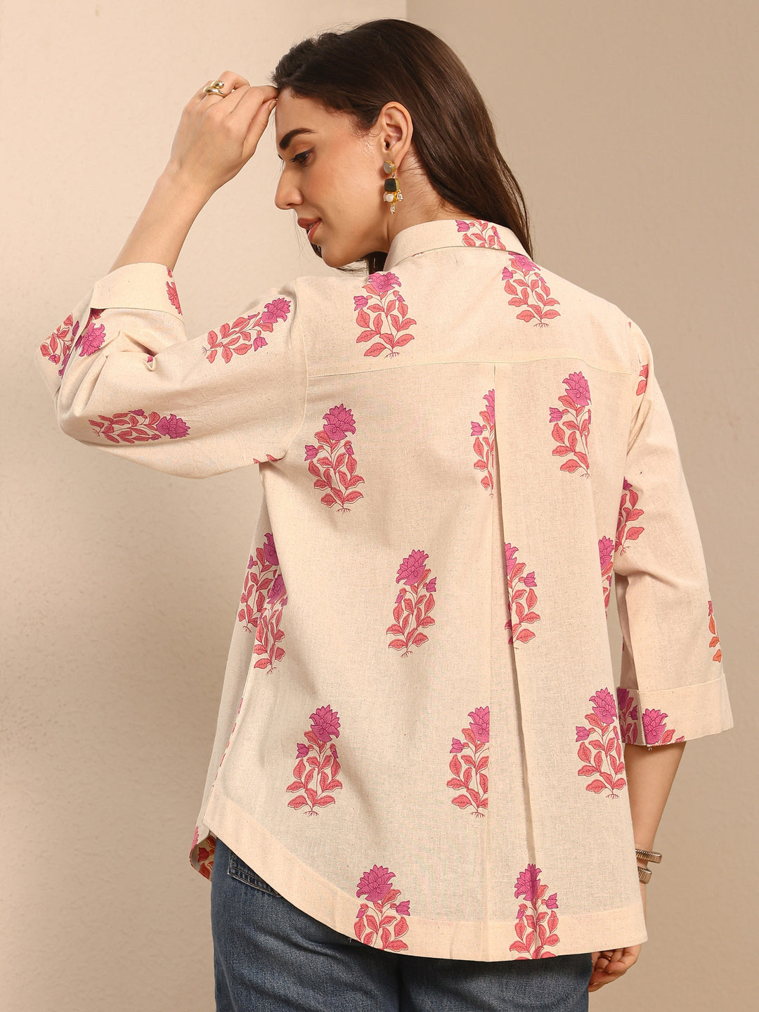 Off White Floral Printed Cotton Shirt