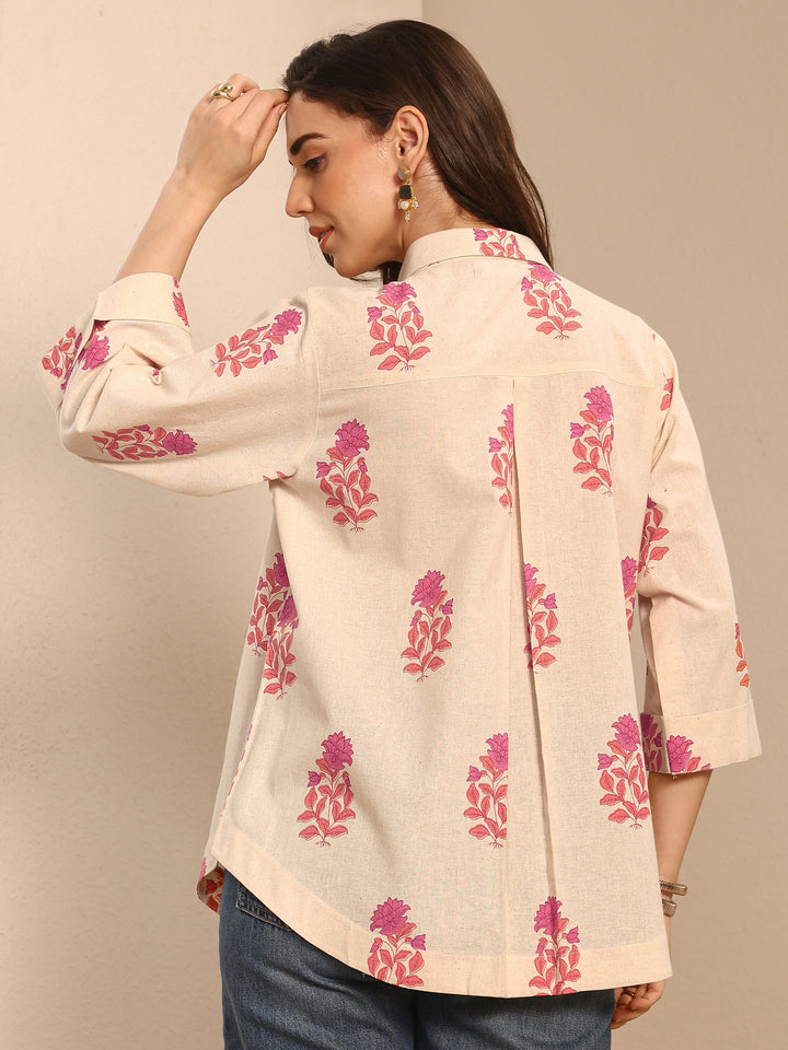 Off White Floral Printed Cotton Shirt