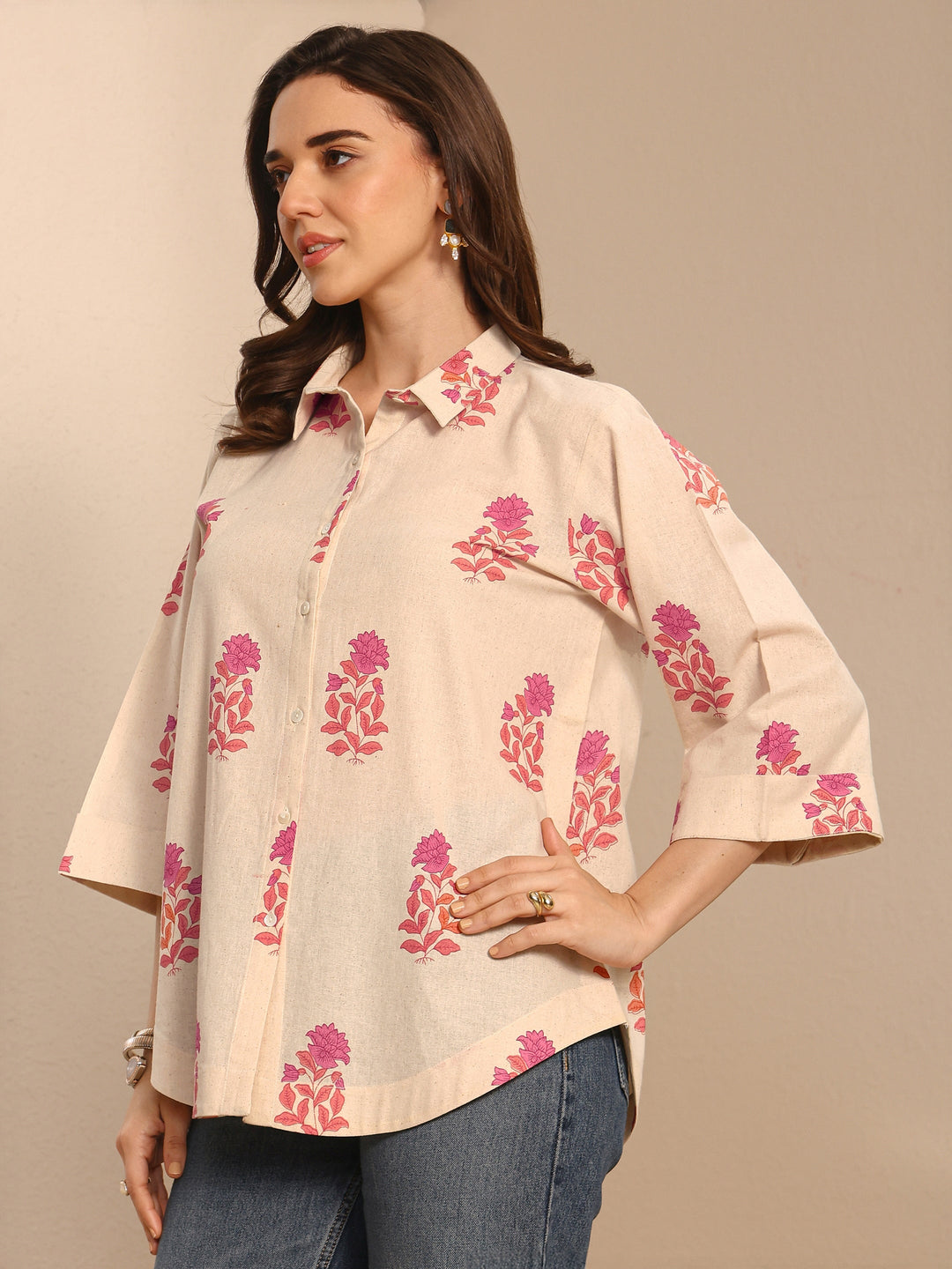 Off White Floral Printed Cotton Shirt