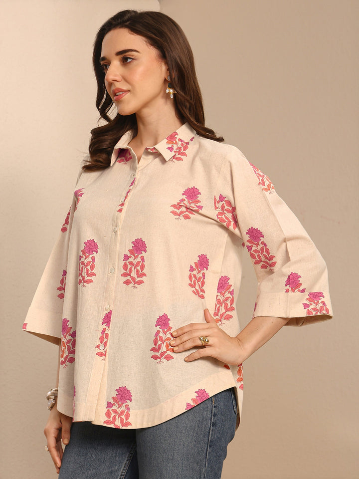 Off White Floral Printed Cotton Shirt