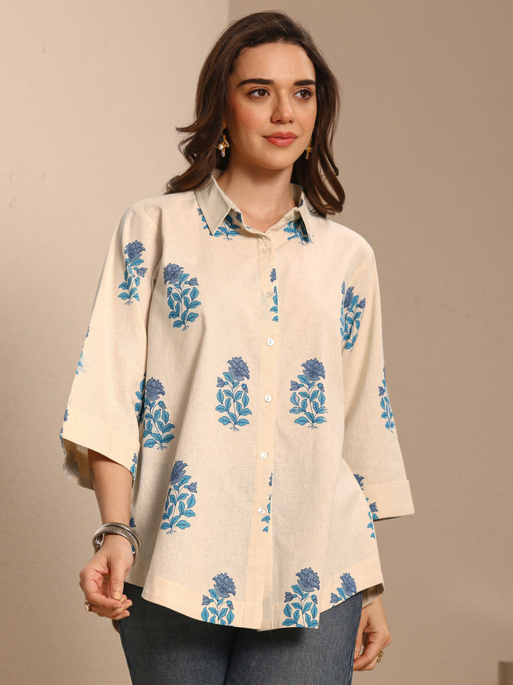 Off White Floral Printed Cotton Shirt