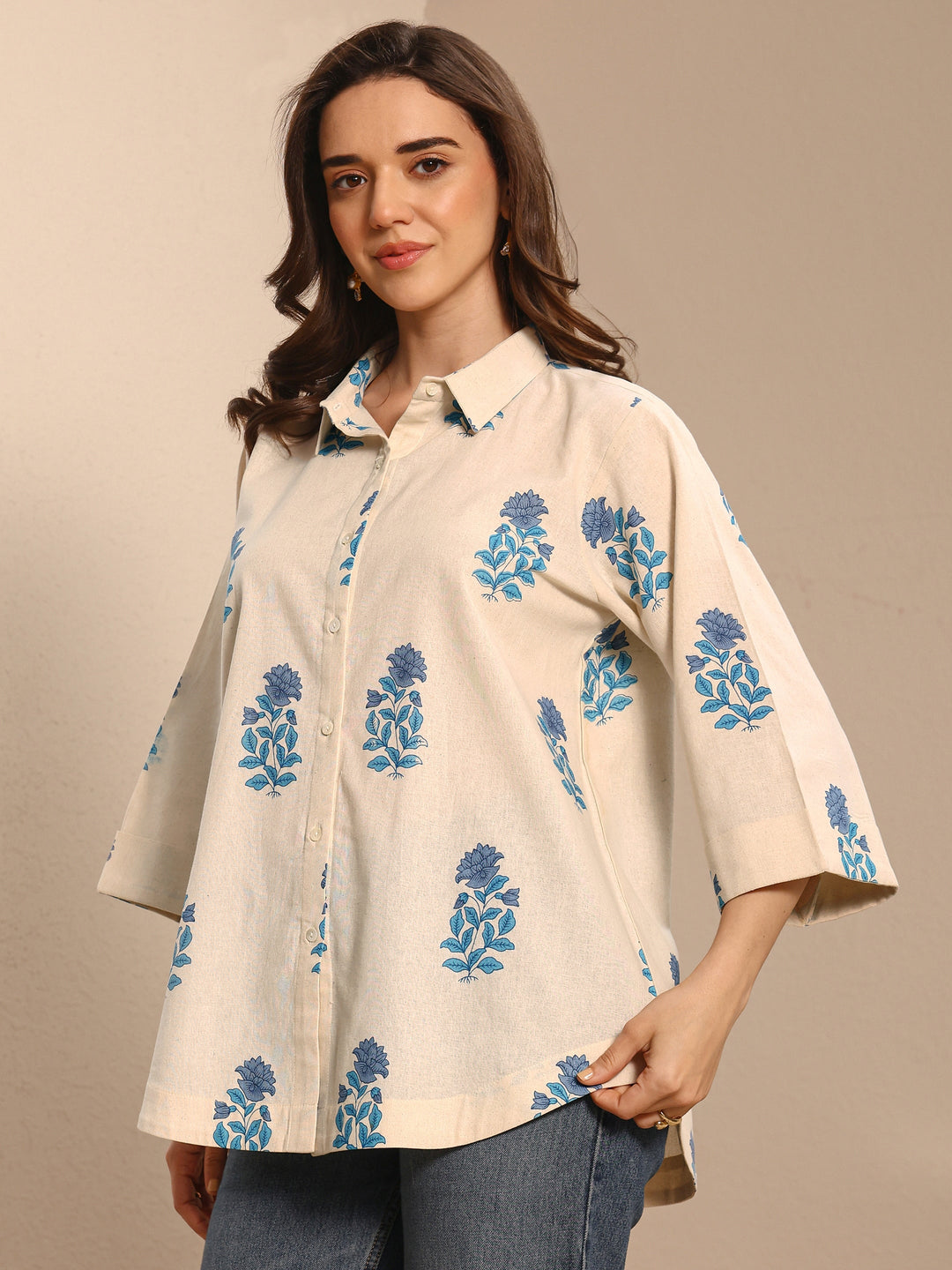 Off White Floral Printed Cotton Shirt
