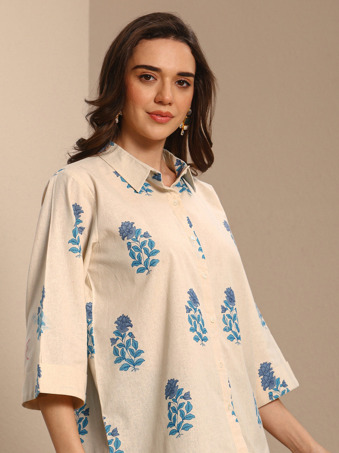 Off White Floral Printed Cotton Shirt