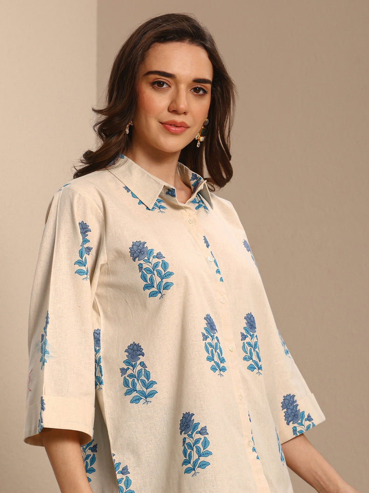 Off White Floral Printed Cotton Shirt